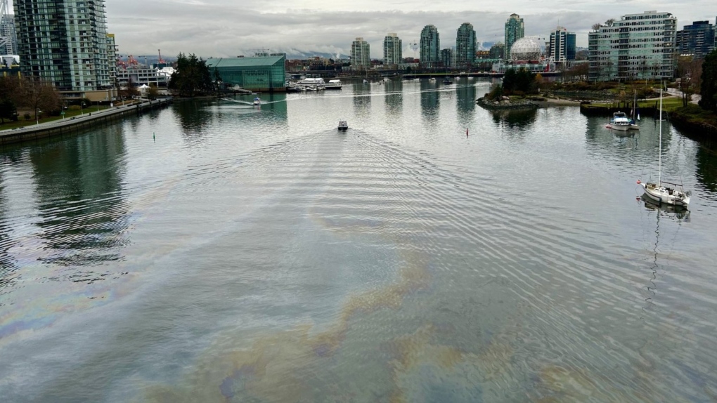 A sheen of pollution can be seen on the surface of Vancouver’s False Creek on Dec. 5. The Canadian Coast Guard says it's trying to identify the source of the sheen and a diesel smell that was reported Monday evening. THE CANADIAN PRESS/Ian Young
