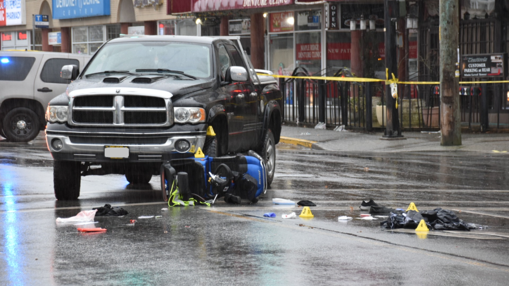 Images from the scene suggest there was a collision between a Dodge Ram 1500 pickup truck and a mobility scooter. The latter vehicle could be seen lying on its side in a crosswalk on the roadway, with the truck stopped next to it. (CTV)