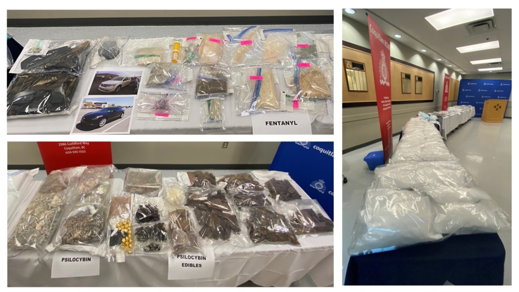 This composite photo shared by the Coquitlam RCMP on Twitter shows drugs seized during a trafficking investigation. 