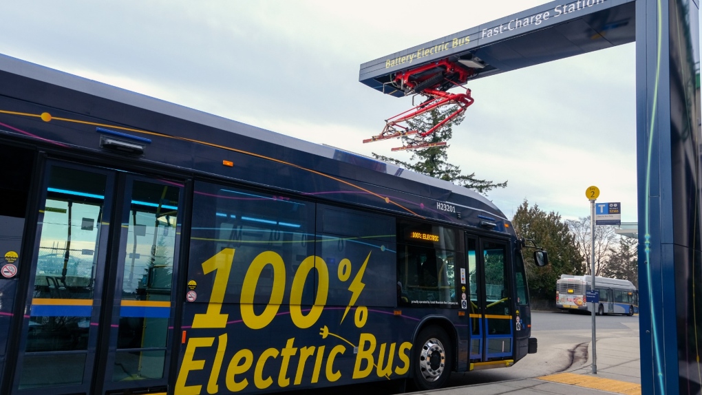 This photo provided by TransLink shows a new electric bus that debuted on Feb. 2, 2023. 