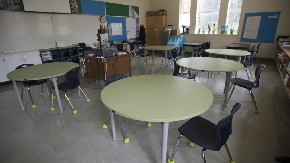 A classroom is seen during a media tour of Hastings Elementary school in Vancouver, Wednesday, September 2, 2020. More than 40,000 school support staff in British Columbia have ratified new contracts.THE CANADIAN PRESS/Jonathan Hayward