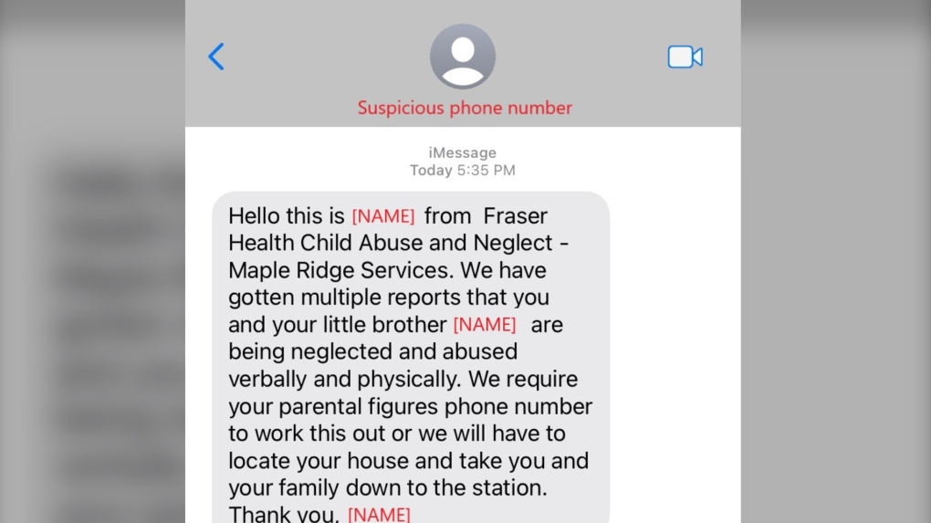 In a tweet on Friday, the Canadian Anti-Fraud Centre says it received a report of a scam in which the suspect sends a text message claiming to be from the Fraser Health Child Abuse and Neglect — Maple Ridge Services.