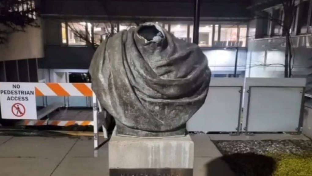 A beheaded bust of Mahatma Gandhi, at Simon Fraser University's Burnaby, B.C., campus, is seen in an image posted to Twitter. 