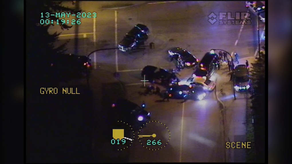 Richmond RCMP shared this image from the RCMP's Air 1 helicopter showing the arrest of six people in connection to a home invasion that occurred on May 12, 2023. (Richmond RCMP)
