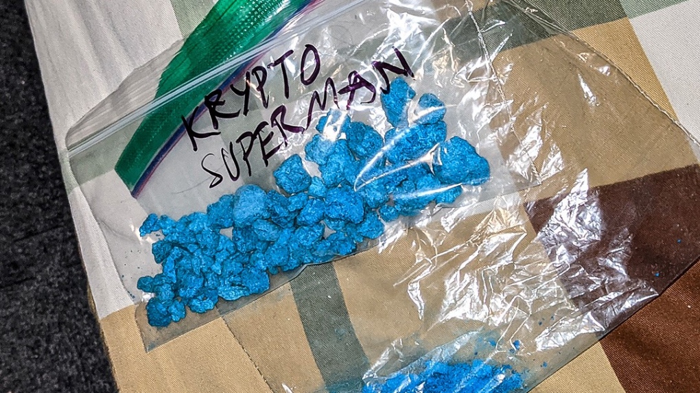 This photo, provided by the B.C. RCMP's Combined Forces Special Enforcement Unit, shows "street ready" blue fentanyl. 