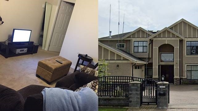 Left: The basement apartment in Vancouver, B.C., where Crystal Cornthwaite has been living for almost nine years. (Supplied) Right: Her landlord’s seven-bedroom, seven-bathroom home in neighouring Richmond. (Google Maps)
