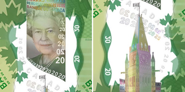 Close-up of Queen, Parliament on $20