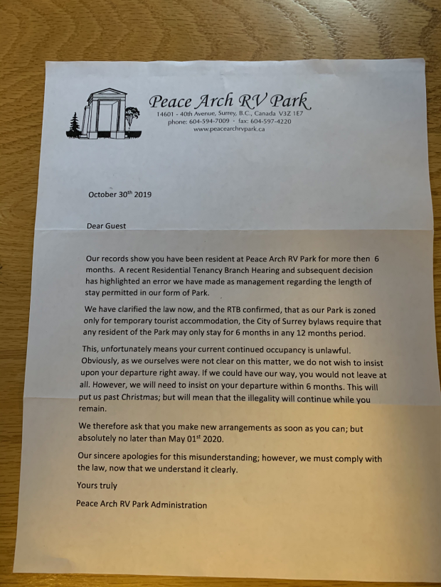 Peace Arch RV park notice