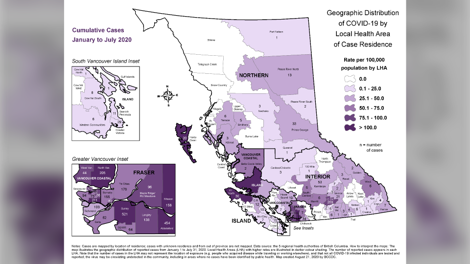 Geographic distribution of COVID-19 cases in B.C.
